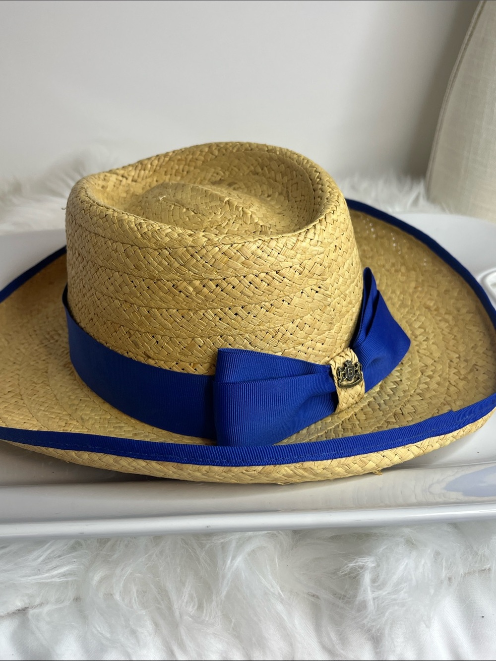Biltmore Straw Sun Hat with Royal Blue Grosgrain Band and Crest - Picture 9 of 9